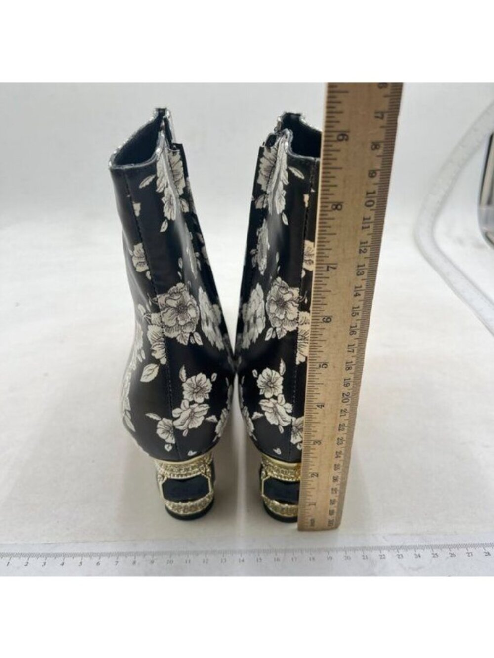 XYD Women Mid Low Chunky Crystal Gem Heel Ankle Boots Square Toe Boots Flowers - Picture 5 of 8